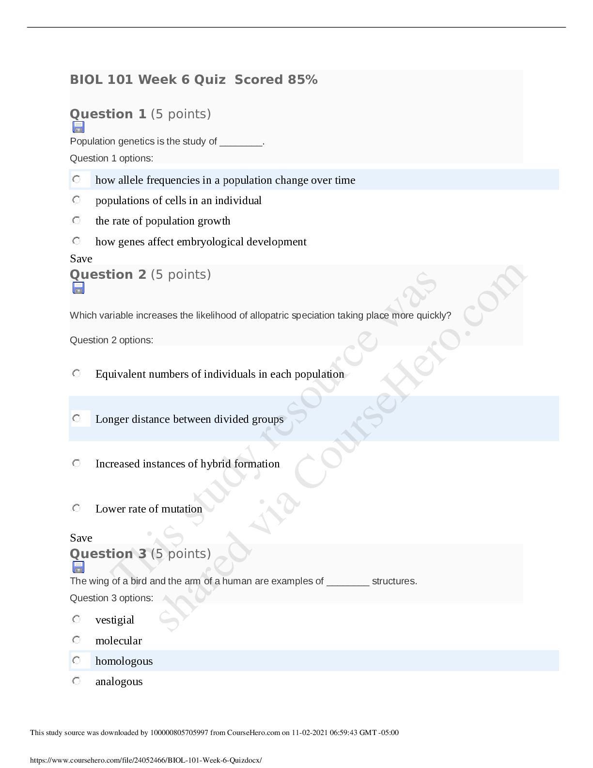 Preview image of BIOL 101 Week 6 Quiz document